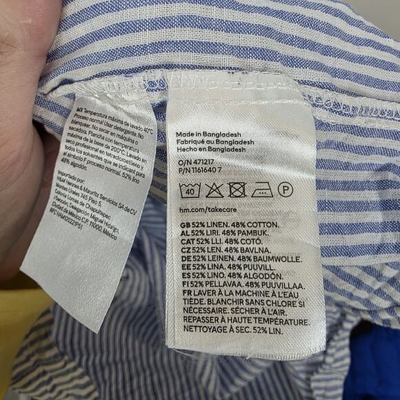 H&M Blue White Striped Linen Blend Coastal Long Sleeve Wrap Mini Dress Size L - Picture 5 of 9